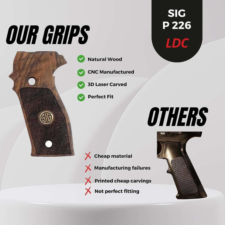 Sig Sauer P226 LDC II and LDC 2 Walnut Wood Grips Gold Metal Logo